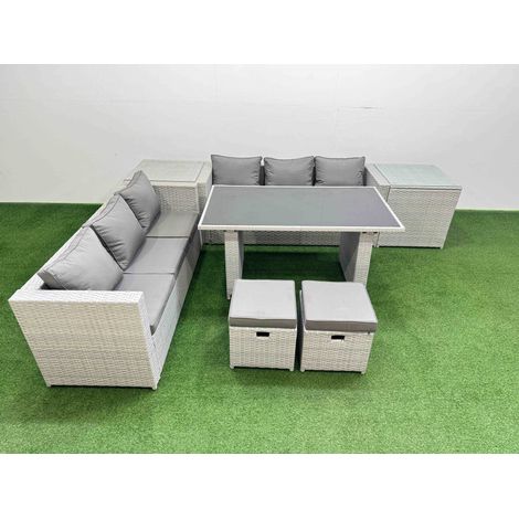 Fimous Rattan Garden Furniture Dining Set 8-seater Patio Rectangular Table Sofa Set with 2 Side Tables 2 Small Stools Light Grey (1/5)