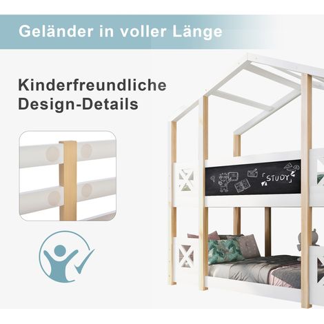 Lit superposé 90x200 cm, lit cabane enfant avec échelle, rangement et barrière de sécurité, meuble surélevé pour enfants – sommier inclus x2, bois naturel et blanc (1/5)