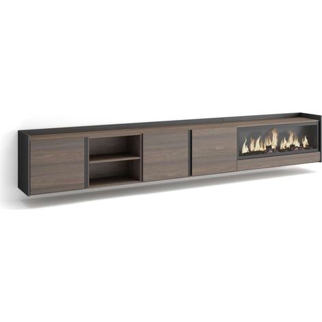 Mueble TV Benamargosa-02 de 315x50x35 cm con chimenea y luces LED, suspendido, color roble oscuro y negro (1/4)