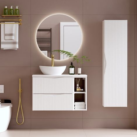 Ensemble meuble simple vasque 80cm 2 niches et colonne Tao Blanc (1/5)