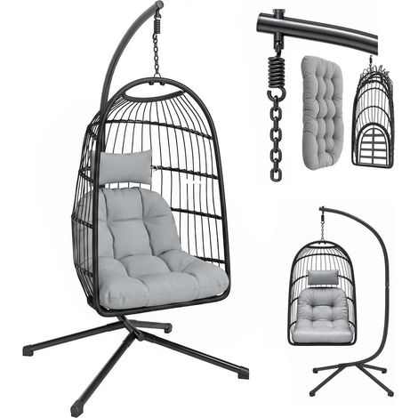 Fauteuil Œuf Suspendu avec Support Balancelle Pliable Réglable Coussin 15 cm Résine Tressée 101x105x196cm Gris (1/5)