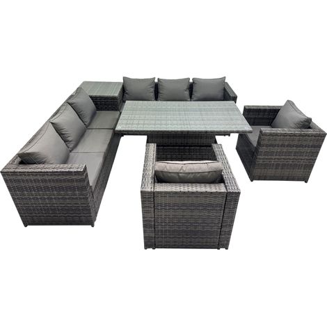 Fimous 8 Seater Outdoor Corner Sofa Height Adjustable Rising Lifting Table Set Garden Rattan Furniture Set with Side Table Dark Grey (1/5)