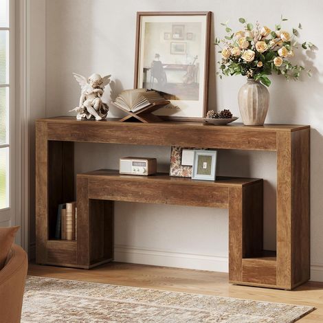 Tribesigns 160 cm rustikaler Konsoletisch mit 2-stufigem Regal, schmaler Sofatisch im Landhausstil für den Eingangsbereich, Flur, Wohnzimmer oder hinter dem Sofa, Braun