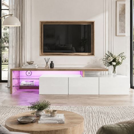 Meuble TV 197,5×39×42 cm aspect bois – Éclairage LED d’ambiance – 3 portes et étagères en verre – Grand espace de rangement – Déco moderne – Convient pour salon – Blanc (1/5)
