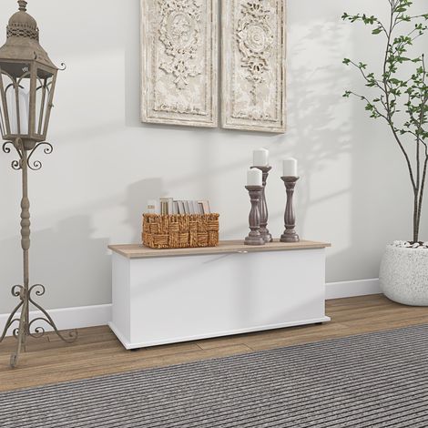 Coffre de rangement avec couvercle, charge maximale 120 kg, pour chambre/salon, 100 x 40 x 40 cm, naturel et blanc