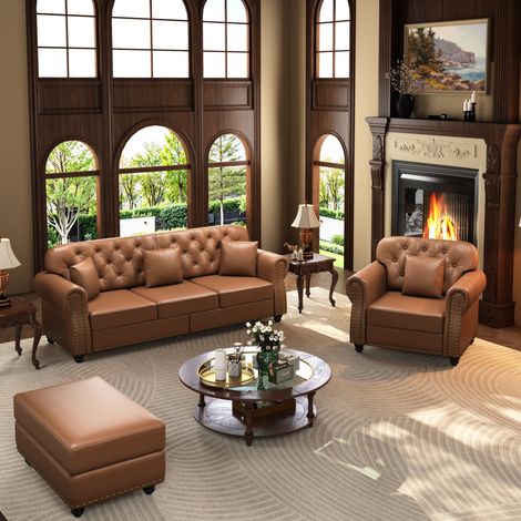 Chesterfield capitonné en similicuir ensemble canapé 4 places avec pouf ressorts ensachés pour salon (1/5)
