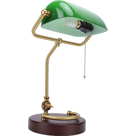 Lampe de bureau Vintage rotative à 350 °, Table Antique avec interrupteur à chaîne, Base en bois, abat-jour en verre pour chambre à coucher et salon (1/5)