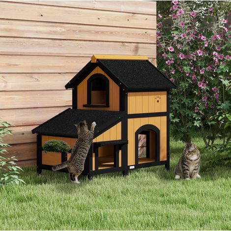 Caseta exterior para gato de madera, 2 plantas, techo bituminoso, 96 x 65 x 85,5 cm, amarilla (1/5)