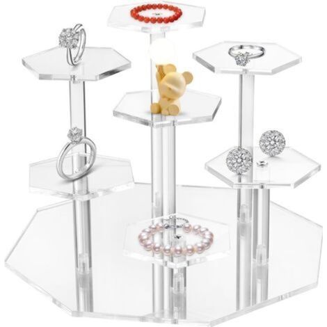 Présentoir en acrylique transparent, présentoir à figurines en acrylique à 7 niveaux, étagère hexagonale transparente, idéal pour présenter parfums, bijoux, desserts, figurines, etc. (1/5)