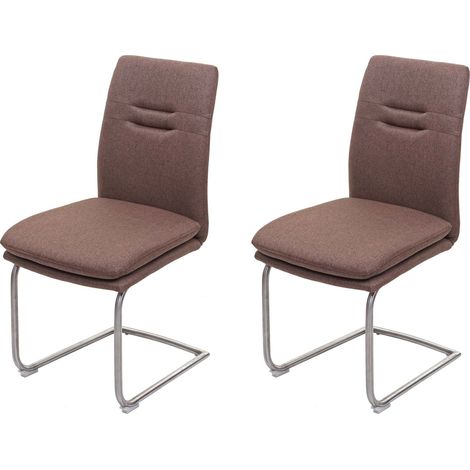 2er-Set Esszimmerstuhl HHG-930, Küchenstuhl Freischwinger Stuhl, Stoff/Textil Edelstahl gebürstet braun