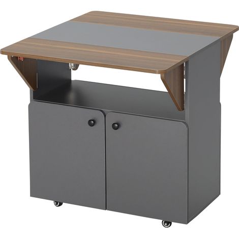 Mesa plegable con almacenamiento, 4 ruedas, gris claro/marrón oscuro (1/5)