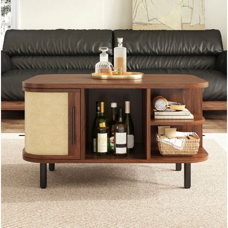 Table basse 80x60x47 cm avec rangements latéraux et niches ouvertes, forme incurvée, MDF coloris noyer (1/5)