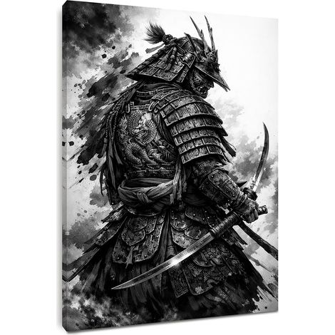 Tableaux muraux salon 30 x 40 cm avec cadre - Samouraï Peinture noir et blanc - Poster moderne et décoration murale pour salon, impression sur toile HD avec et crochet, sans perçage (1/5)