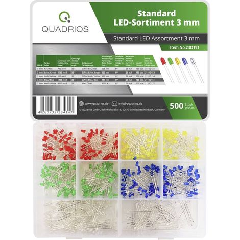 Quadrios 23O191 Assortimento LED Rosso, Verde, Giallo, Blu, Bianco 3 mm 20 mA 2 V, 3 V