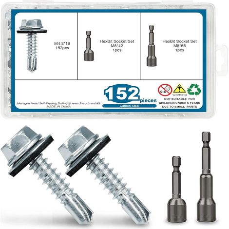 Lot de 152 vis à tôle trapézoïdale 4,8 x 19 mm avec rondelle d'étanchéité – Vis tubulaires pour tôles de toiture avec 2 embouts (1/5)
