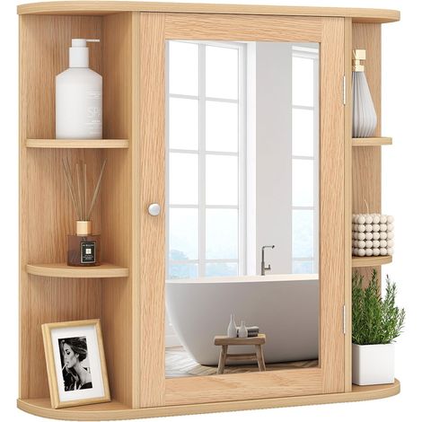 COSTWAY Armoire Murale de Salle de Bains avec Miroir avec Etagères Réglables et Compartiments Ouverts Armoire à Pharmacie pour Toilette (Naturel) (Naturel)