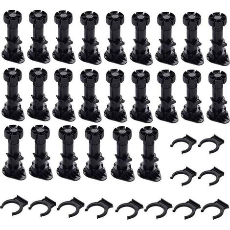 24 Kunststoff-Schrankfüße, Möbelfüße, verstellbare Möbelfüße, schwarze Kunststoff-Möbelfüße mit Clip-Befestigungsbasis für Küchenmöbel, Kleiderschränke und Sofas (120 mm–150 mm) (1/4)