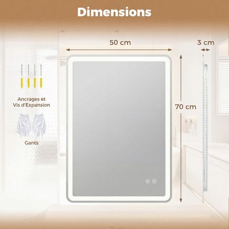 Miroir LED rectangulaire 70 x 50 cm en verre trempé avec 3 teintes réglables et fonction antibuée pour salle de bains (1/5)