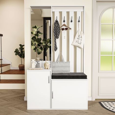 Mobile da ingresso - 100x40x180 cm - con panca imbottita, specchio e contenitore per scarpe - Stile moderno - Bianco (1/5)