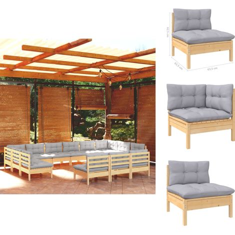 Gartenmöbel-Sets - Living 13-tlg. Garten-Lounge-Set mit Grauen Kissen Kiefer Massivholz (1/5)