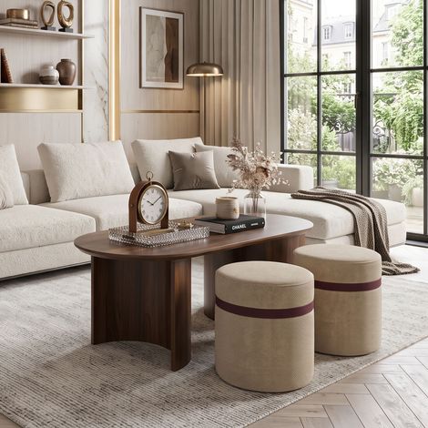 Creahappy Table Basse Ovale avec 2 Poufs 108x50 cm - Gain de Place et Rangement Encastrable - Bois Noyer et Tissu Moderne - Salon (1/5)