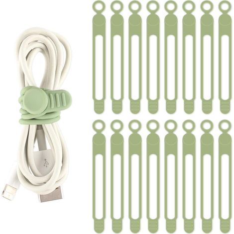Lot de 16 serre-câbles réutilisables en silicone pour téléphones, chargeurs, câbles audio et ordinateurs (lot de 16, vert) (1/5)