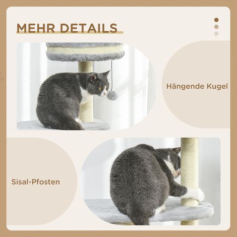 Arbre à chat pour chats, poteau en corde de sisal, peluche douce, multi-niveaux, jouet à boule, gris, 59x35x100 cm (1/5)