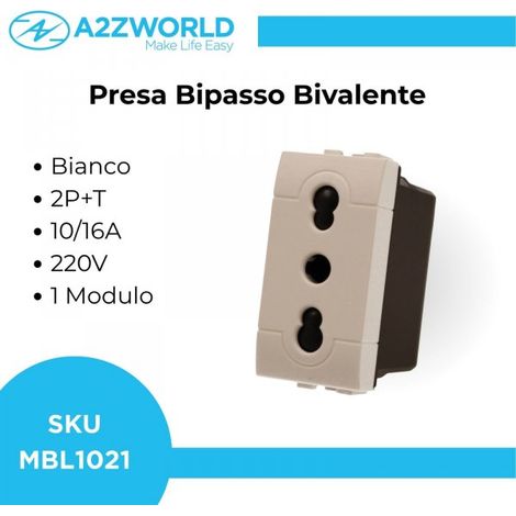 Presa Bipasso Bivalente 2P+T 10/16A 220V MBL Bianco 1M Compatibile Bticino Living Light BLB2001