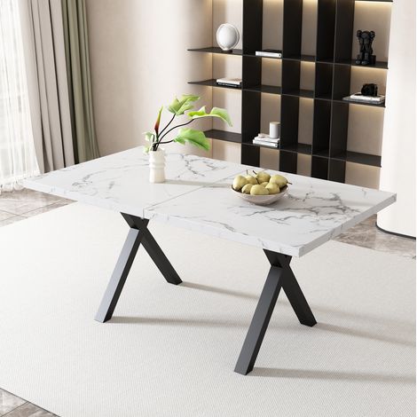 Mesa de comedor 140x80x76 cm blanco mármol en MDF con patas cruzadas y diseño moderno (1/5)