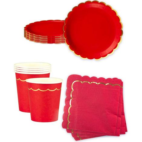 24 pièces, vaisselle jetable rouge et doré, assiettes gobelets serviettes, décoration fête Noël anniversaire