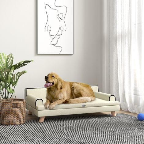 Canapé chien chat design scandinave, coussin déhoussable moelleux, pieds bois massif, 100x62x32 cm beige