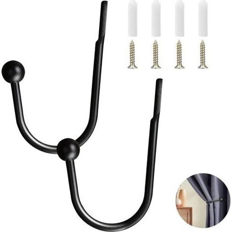 2 articles Embrasses à Rideaux Crochets,Embrasse pour Rideaux en Métal avec 4pcs Vis,Attache Rideau en Forme de U pour Voilage, Salon, Chambre, Bureau, Prolongé (Noir) (1/5)