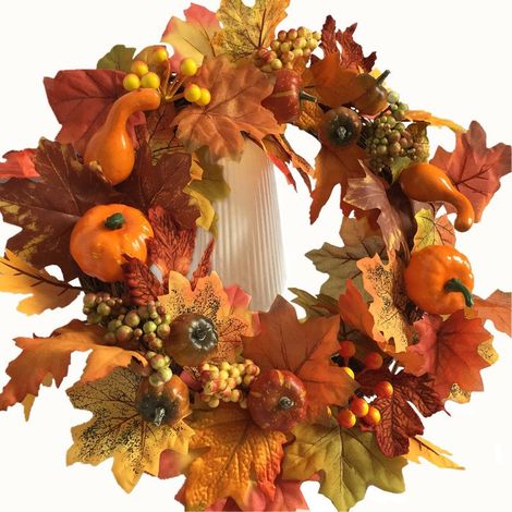 Herbstkranz mit Ahornblättern, Herbstkürbis mit Girlande, Tannenzapfen- und Kürbiskranz für die Haustür im Herbst, Halloween, Thanksgiving (1/4)