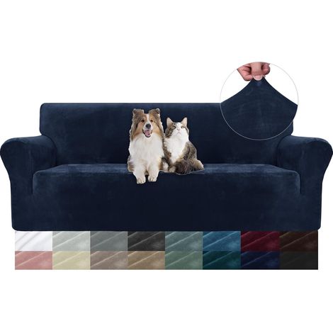 1-Seater Velvet Sofa Cover, Stretchable, Universal Sofa Cover with Armrests, Scratch Protection, Non-Slip, Washable,Dark Blue 1 Place 78-118 CM (1/5)