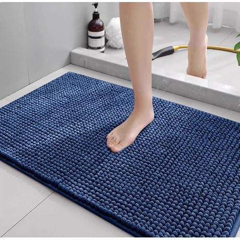 Tapis de Bain en Chenille Doux - Absorbant et Antidérapant - Tapis Salle de Bain Moelleux Lavable en Machine - Marine,40x60cm