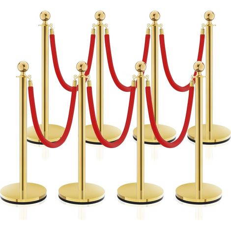 8 Edelstahl-Gold-Absperrgitter (95 cm hoch) mit 6 roten Samtbanden (je 1,5 m) – ideal zur Personenlenkung auf roten Teppichen, bei Hochzeiten, Messen und festlichen Veranstaltungen