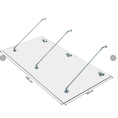 Auvent en verre trempé pour porte, protection pluie, verre clair de sécurité (ESG), structure en inox, auvent extérieur, 200x90cm, modèle L, 3 dimensions disponibles (1/4)