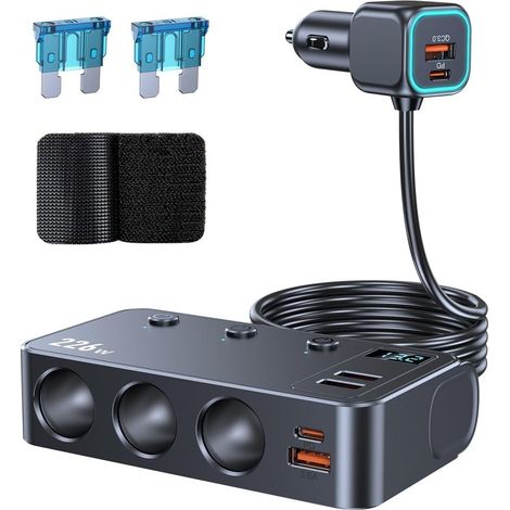 9-in-1 USB Cigarette Lighter Charger, 226W Car Charger Splitter Adapter with 3 Outlets and 6 USB Ports, Fast Charging for 12V/24V Car Devices and Phones