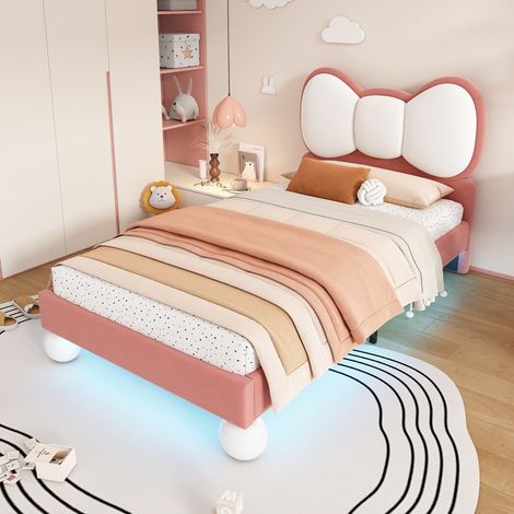 Lit simple 90x200 cm, lit rembourré, tête de lit bombée, avec bande lumineuse LED, velours, sommier à lattes, lit enfant,Rose (1/5)