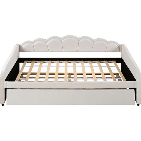 Lit banquette 90 x 200 cm avec lit gigogne, velours beige, éclairage LED multicolore et télécommande (1/5)