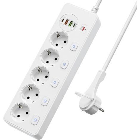 Multiprise 5 prises commutables individuellement, multiprise avec 2 USB A et 2 USB C, 5 prises avec interrupteur, montage mural avec câble d'extension de 2 m
