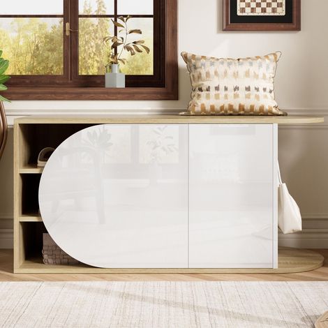 Scarpiera panca contenitore salvaspazio per ingresso - 104 x 37 x 50 cm - con 2 ante e 1 gancio push-to-open - stile moderno in legno - bianco lucido e naturale (1/5)