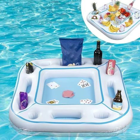 Table de jeu gonflable pour piscine - Table de cartes flottante avec cartes à jouer imperméables, plateau pour boissons et collations - Bouée blanche pour les fêtes au bord de la piscine par temps cha (1/5)