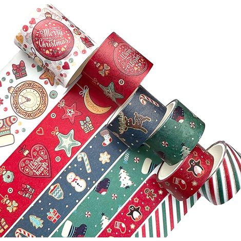 6 Rouleaux Ruban Adhésif, Motifs Noël, Papier Résistant, Sans Résidu, Scrapbooking Emballage Cadeau (1/5)