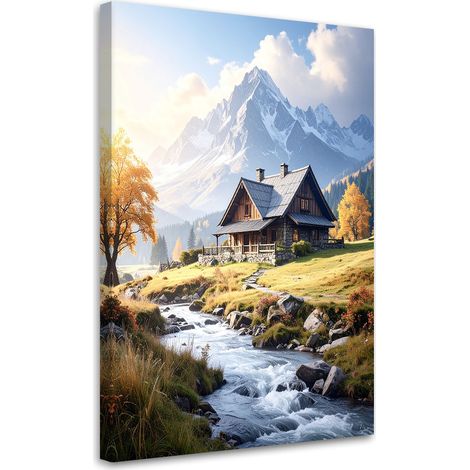 Tabelau sur Toile, Paysage de montagne ruisseau chalets nature,20x30 (1/4)