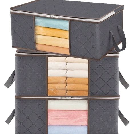 Sac de Rangement Vetement, Boîte de Rangement sous lit Pliable, Housse Rangement, Organisateur de Placard pour Couettes, Couvertures, Gris, 35 L, Lot de 3 (1/5)