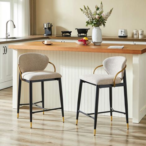 Lot de 2 tabourets de bar en chenille brun clair, dossier rembourré, repose-pieds, structure métal noir et doré, pieds réglables 1 cm (1/5)