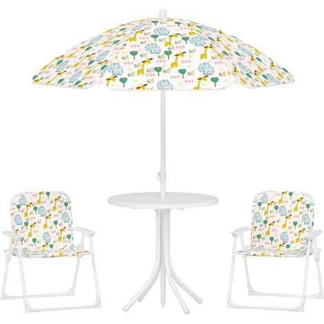 Ensemble salon de jardin enfant 4 pièces motif girafe et éléphant, avec parasol orientable Ø 100 cm et chaises pliantes (1/5)