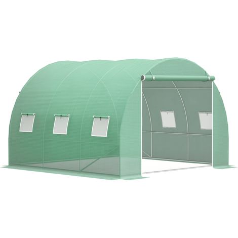 Serre tunnel jardin vert 9m² 3x3x2m porte enroulable 6 fenêtres maille acier PE culture plantes (1/5)