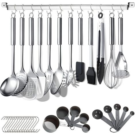 Ensemble d'ustensiles de cuisine 38 pièces de cuisine en acier inoxydable, ustensiles de cuisine avec support pour ustensiles et crochets pour accrocher au lave-vaisselle (1/5)